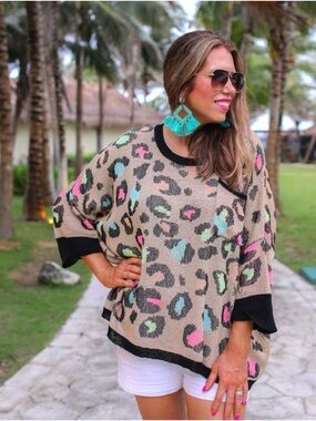 Beige Leopard Print Oversized Sweater with Neon Accents